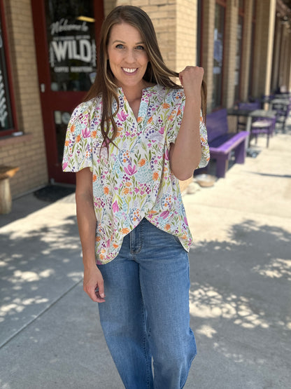 Notch Neck Puff Sleeve Floral Woven Top