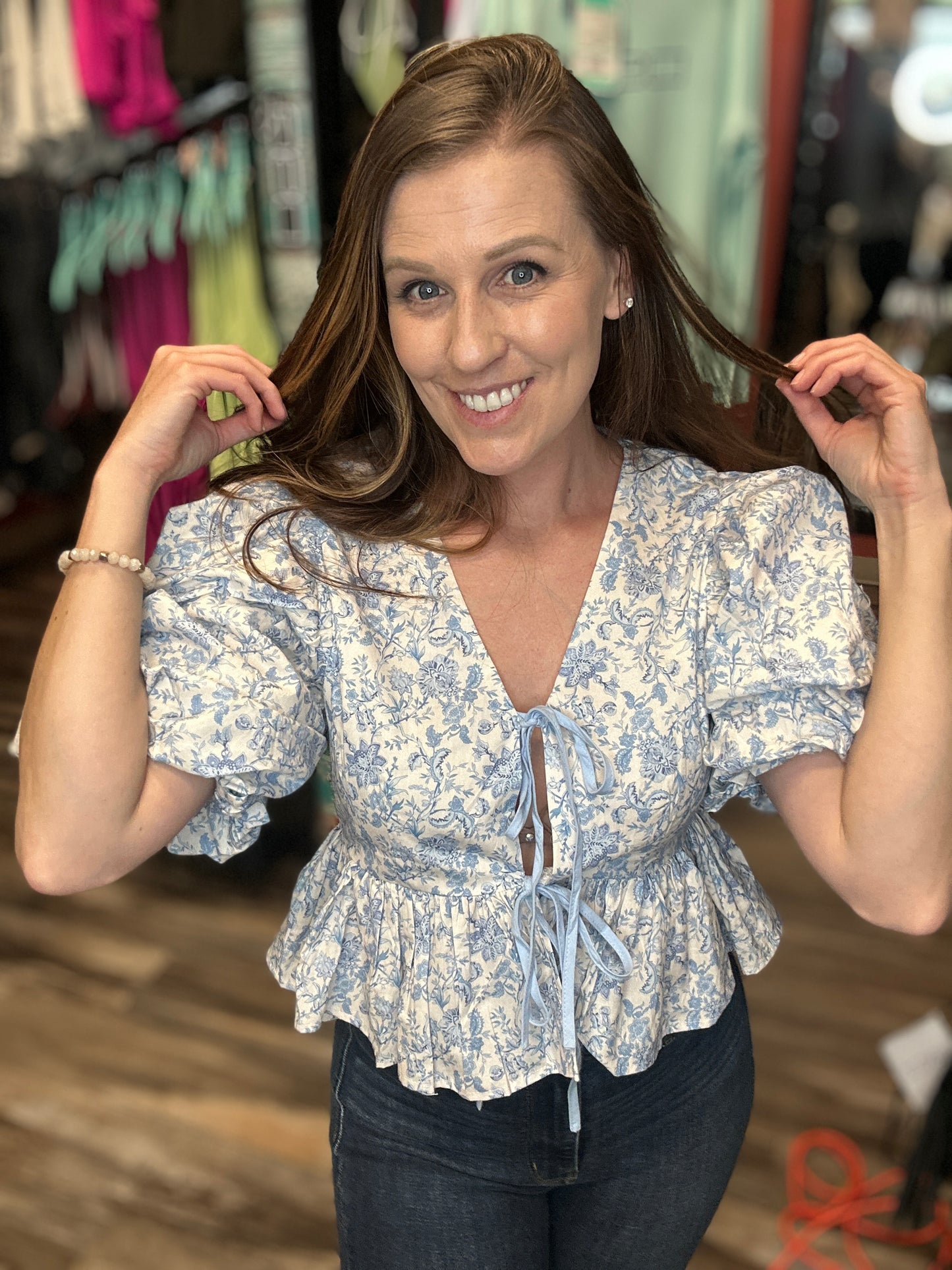 Blue Smock Front Tie Top