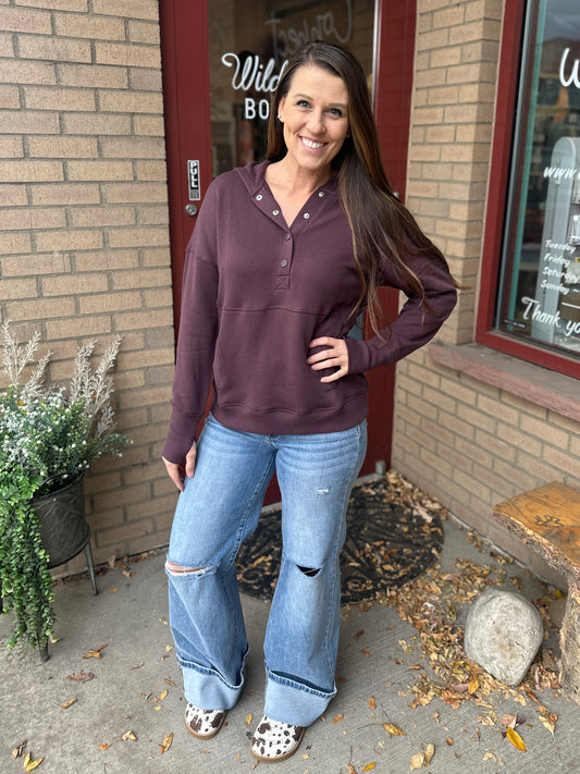 Dark Plum Half Snap Button Pullover