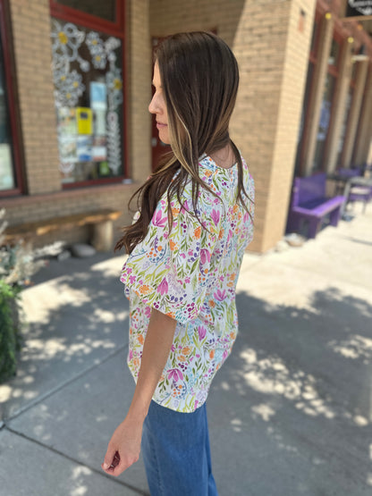 Notch Neck Puff Sleeve Floral Woven Top