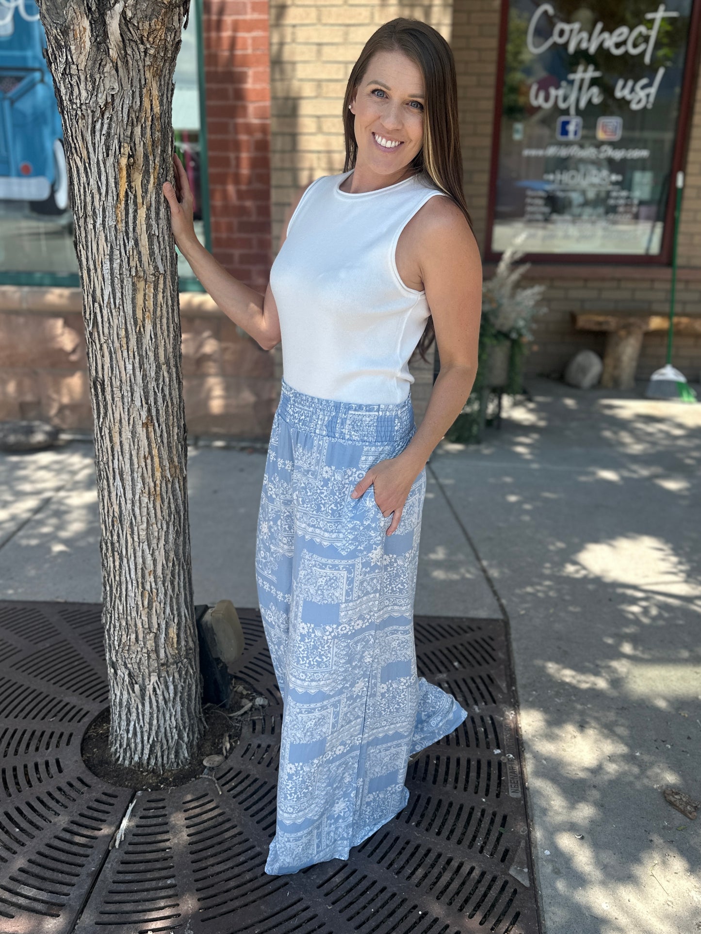 Smocked Waist Wide Leg Patchwork Pants