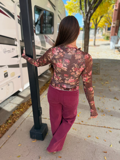 Brown and Cream Floral Mesh Long Sleeve
