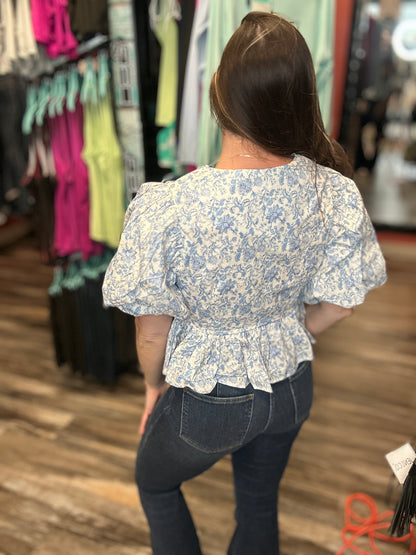 Blue Smock Front Tie Top