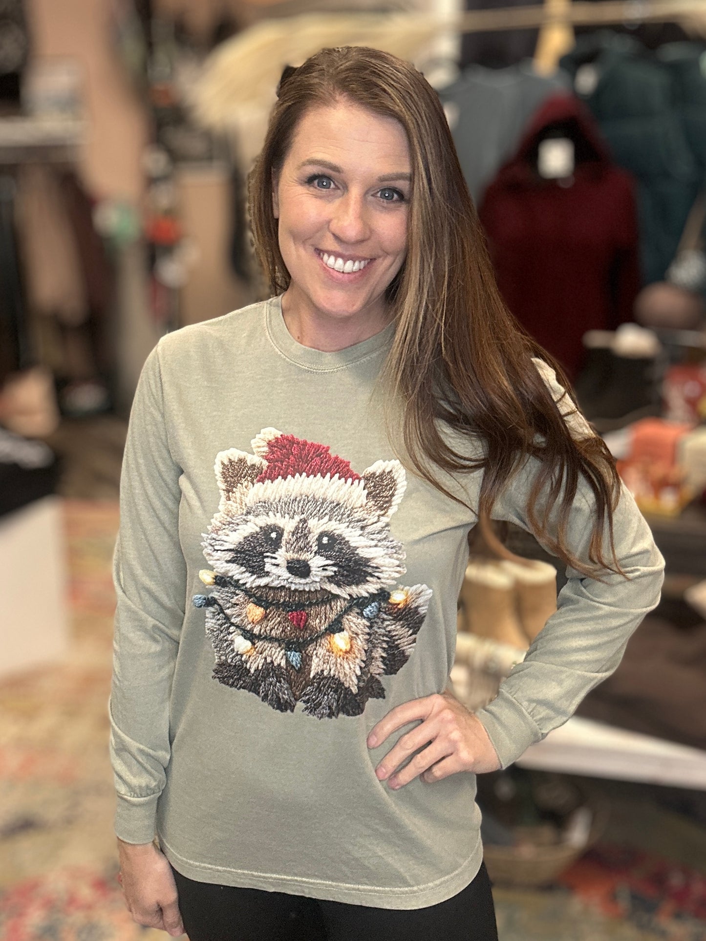 Faux Crochet Festive Racoon Long Sleeve
