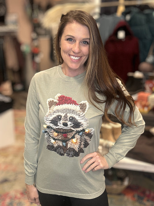 Faux Crochet Festive Racoon Long Sleeve