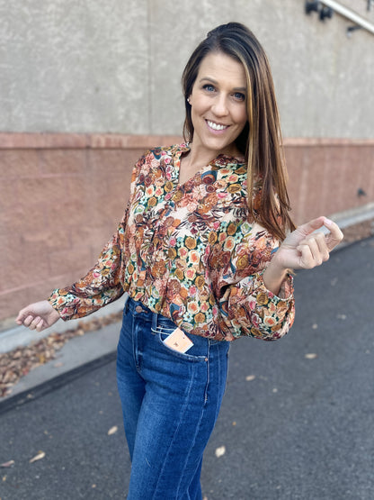 Floral Cropped Button Long Sleeve