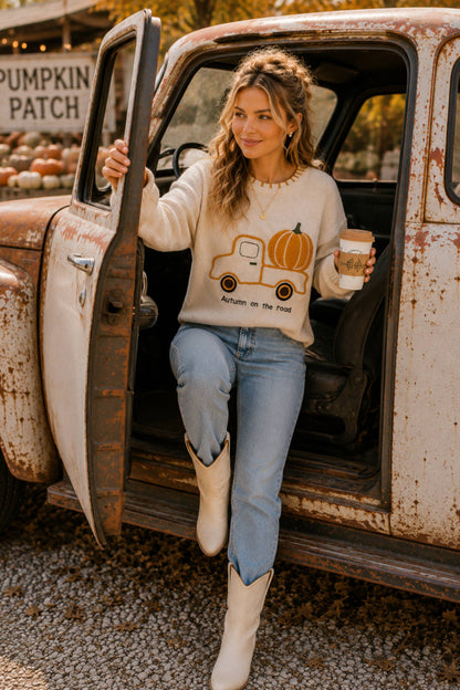 Autumn on the Road Pumpkin Truck Graphic Sweater