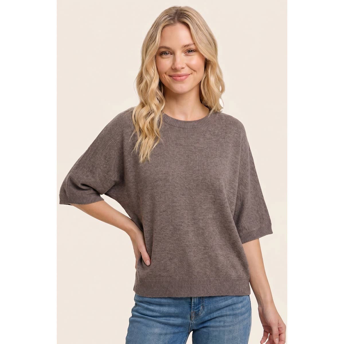 Solid Dolman Elbow Sleeve Top