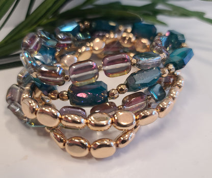 Iridescent Glass, Crystal and Gold Bracelet