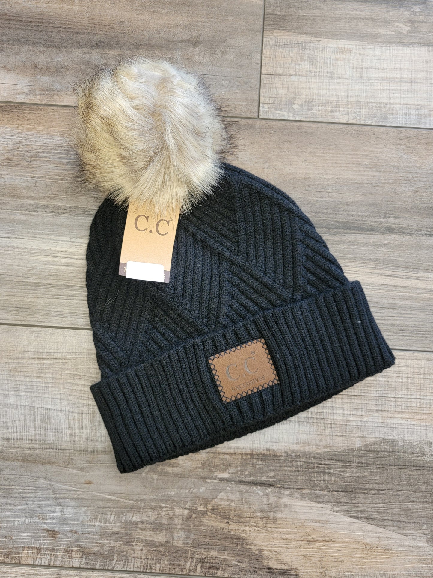 Diagonal Stripe Pom Pom Beanie