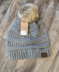 Ribbed Knit Faux Fur Pom Beanie