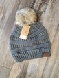 Ribbed Knit Faux Fur Pom Beanie