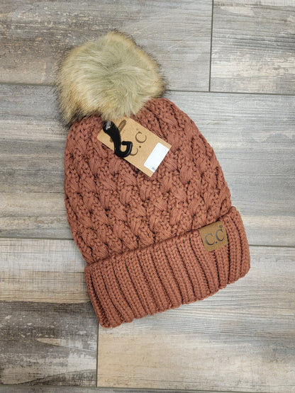 Lattice Stitch Crossover Pom Beanie