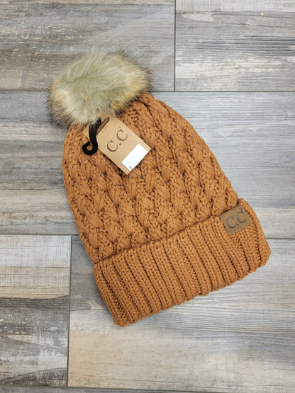 Lattice Stitch Crossover Pom Beanie