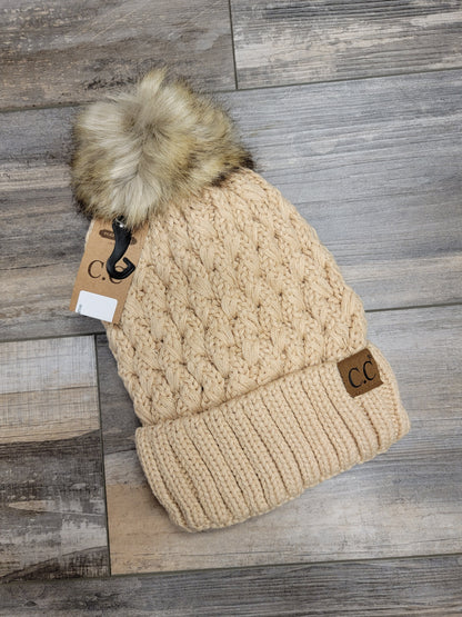 Lattice Stitch Crossover Pom Beanie