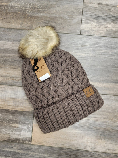 Lattice Stitch Crossover Pom Beanie