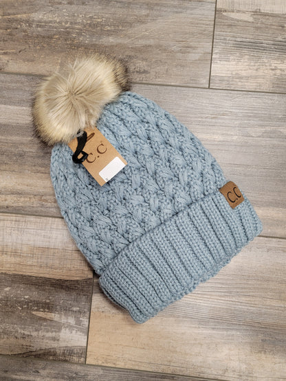 Lattice Stitch Crossover Pom Beanie