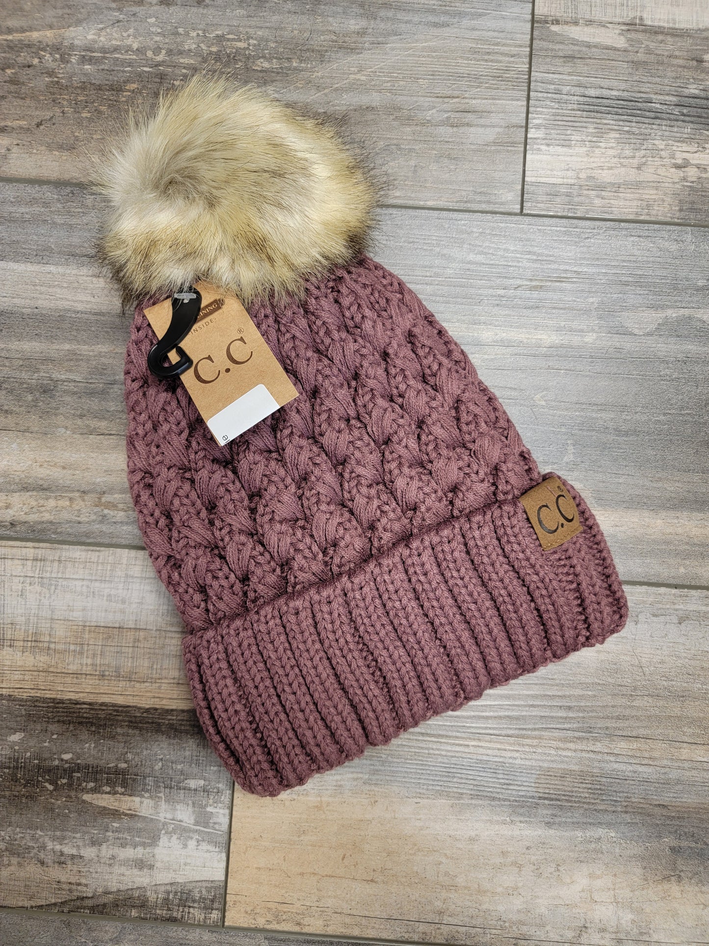 Lattice Stitch Crossover Pom Beanie