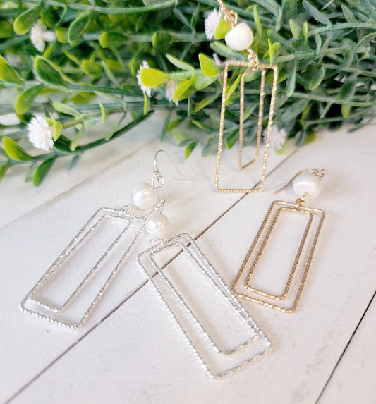 Open Rectangle Earring with Freshwater Pearl