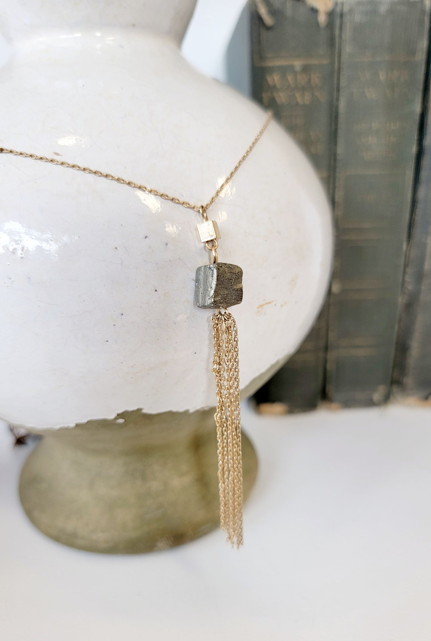 Gold Worn Stone Tassel Necklace