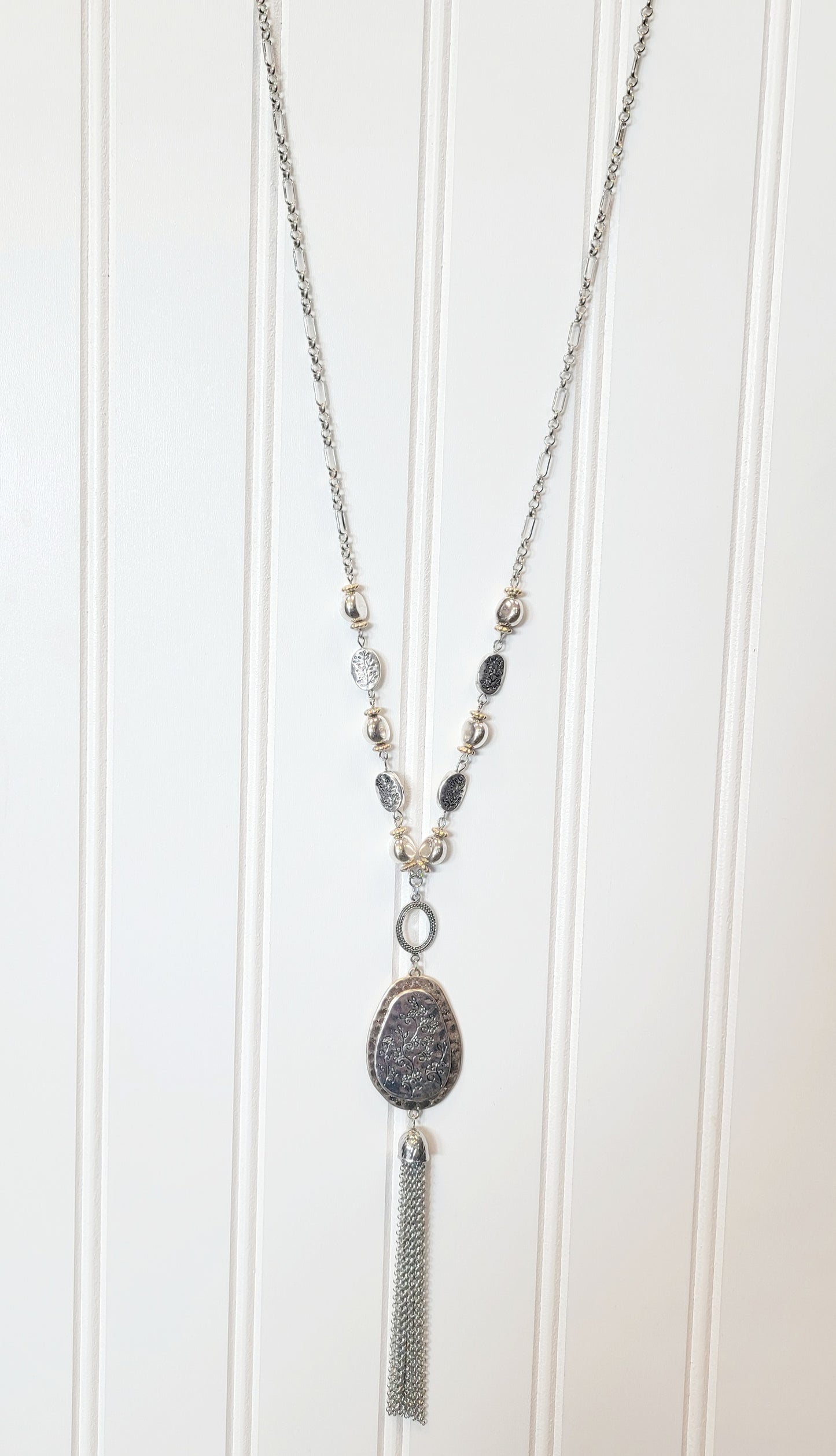 Two Tone Etched Pendant Tassel Necklace