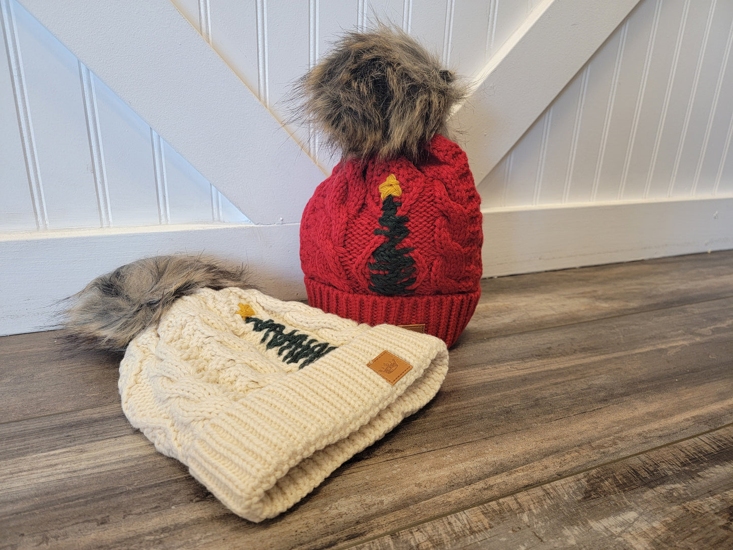 Cable Knit Pom Beanie with Embroidered Tree