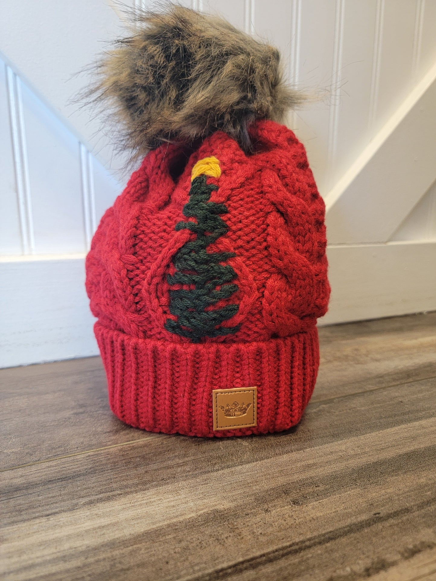 Cable Knit Pom Beanie with Embroidered Tree