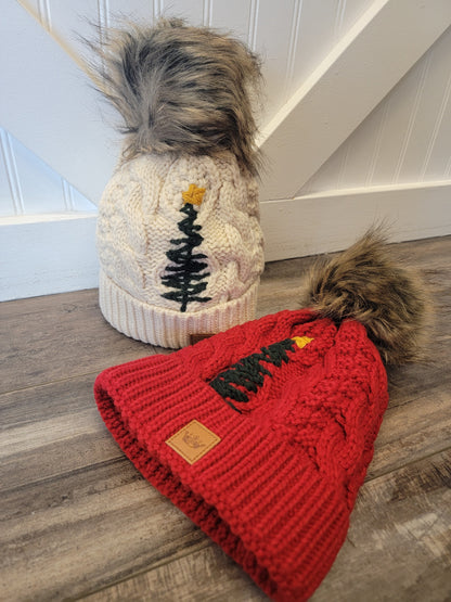 Cable Knit Pom Beanie with Embroidered Tree