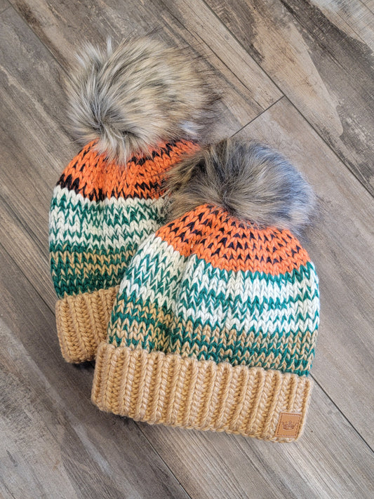 Camel, Green & Orange Patterned Pom Beanie