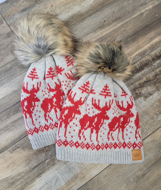 Gray & Red Reindeer Pom Beanie