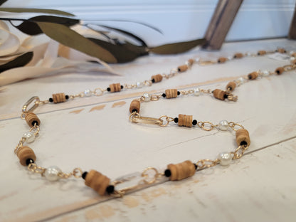 Gold & Neutral Beaded Long Necklace