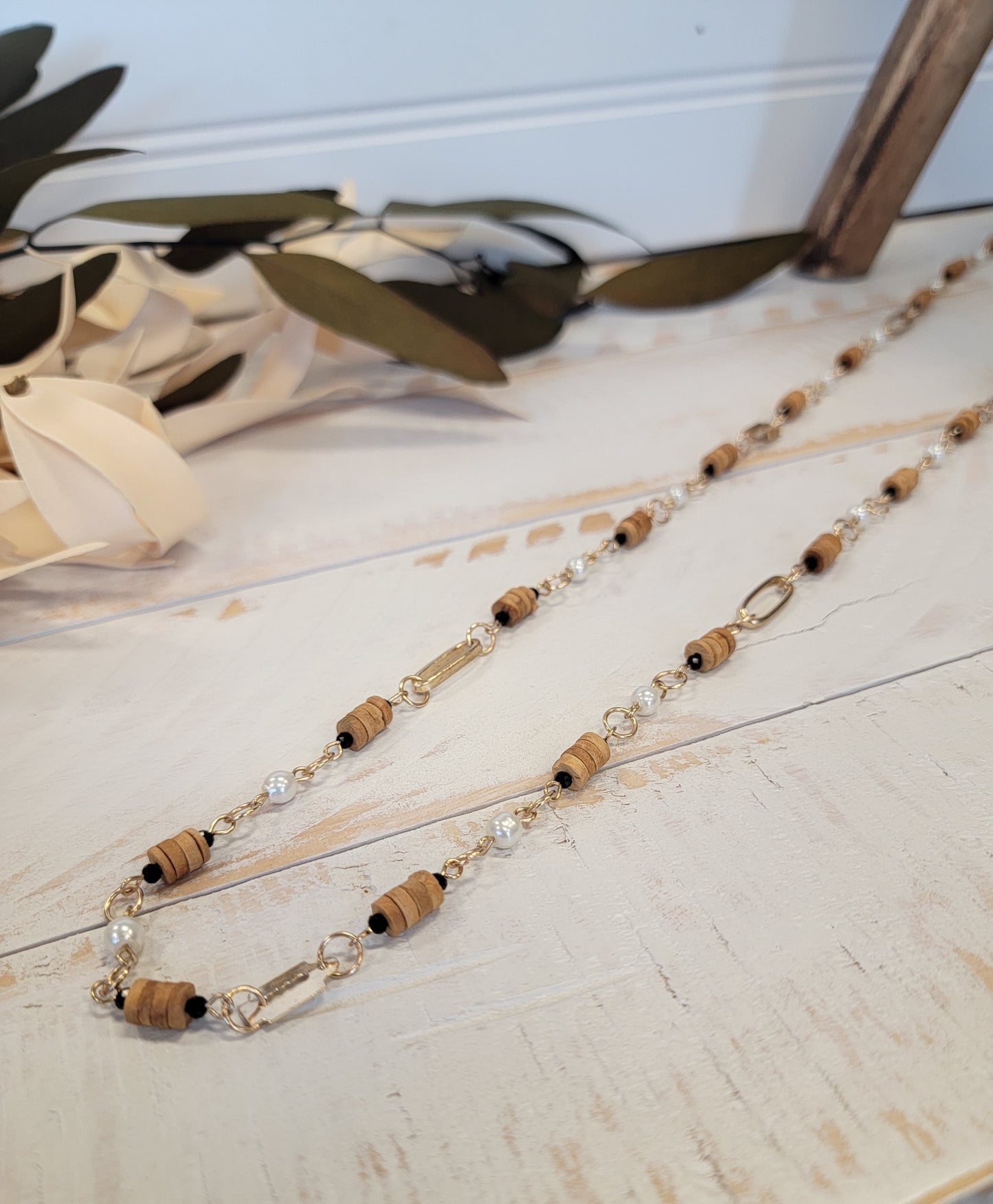 Gold & Neutral Beaded Long Necklace