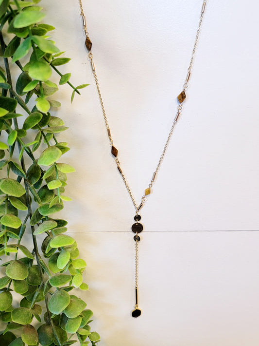 Gold & Brown Beaded Lariat Necklace