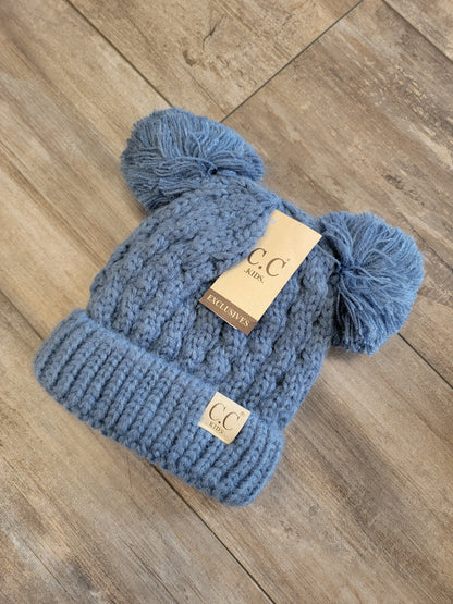 Kids Solid Double Knit Pom Beanie