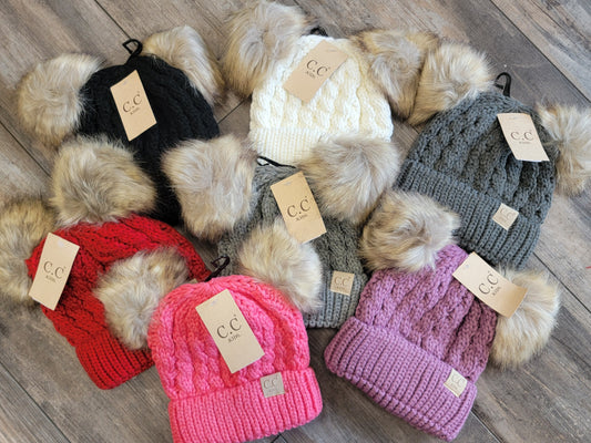 Kids Double Faux Fur Pom Cable Knit Beanie