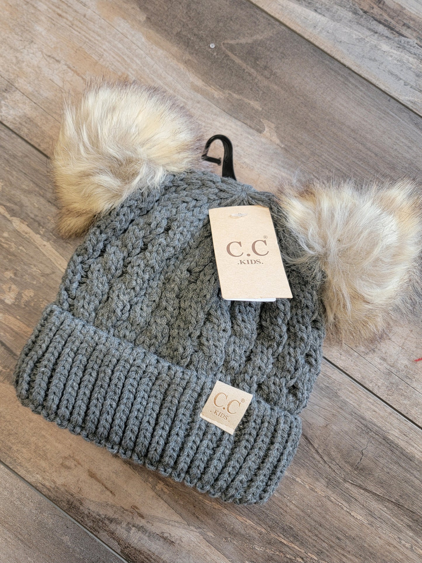 Kids Double Faux Fur Pom Cable Knit Beanie