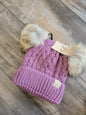 Kids Double Faux Fur Pom Cable Knit Beanie