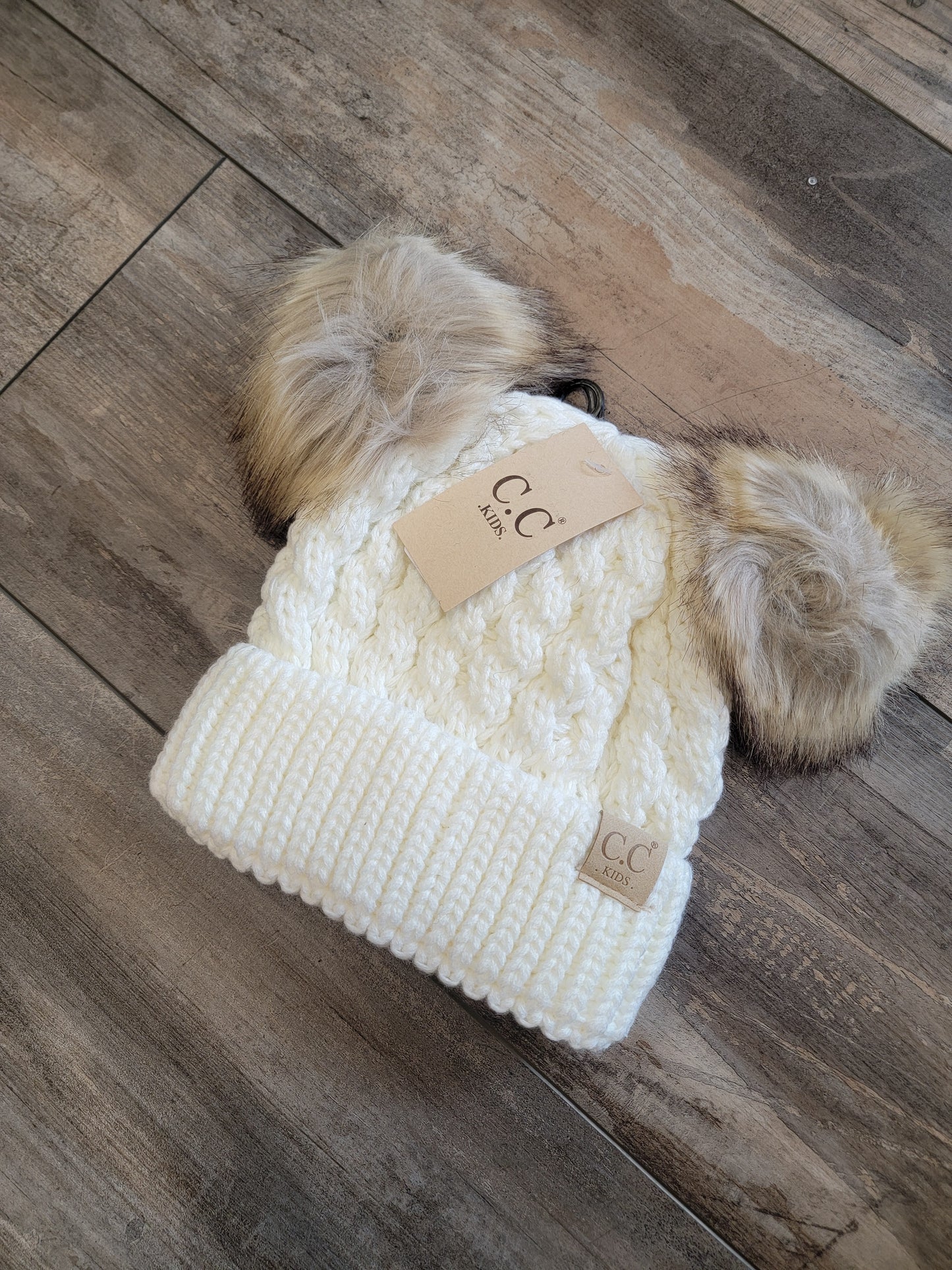 Kids Double Faux Fur Pom Cable Knit Beanie