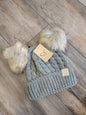 Kids Double Faux Fur Pom Cable Knit Beanie