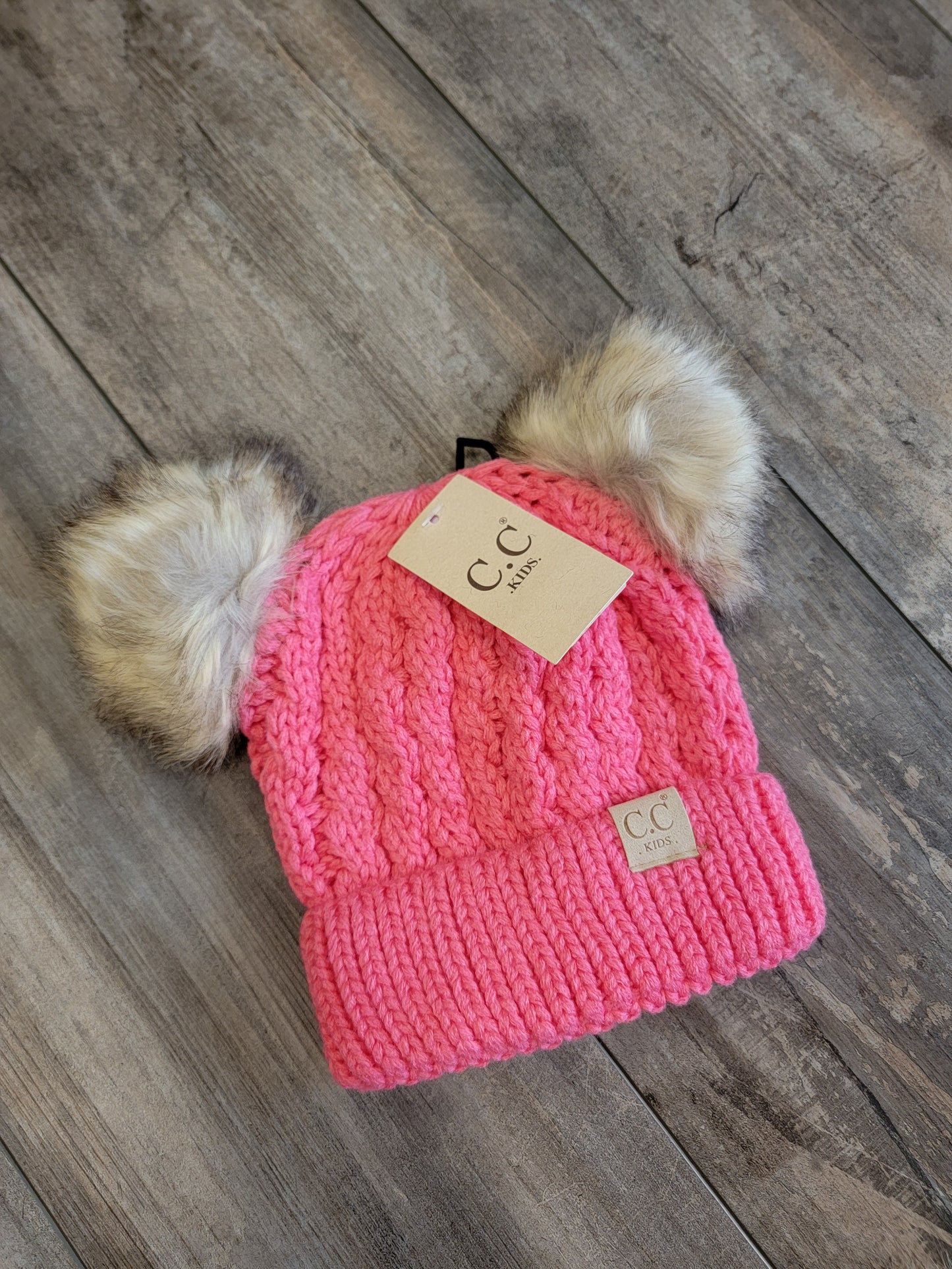 Kids Double Faux Fur Pom Cable Knit Beanie