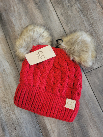 Kids Double Faux Fur Pom Cable Knit Beanie