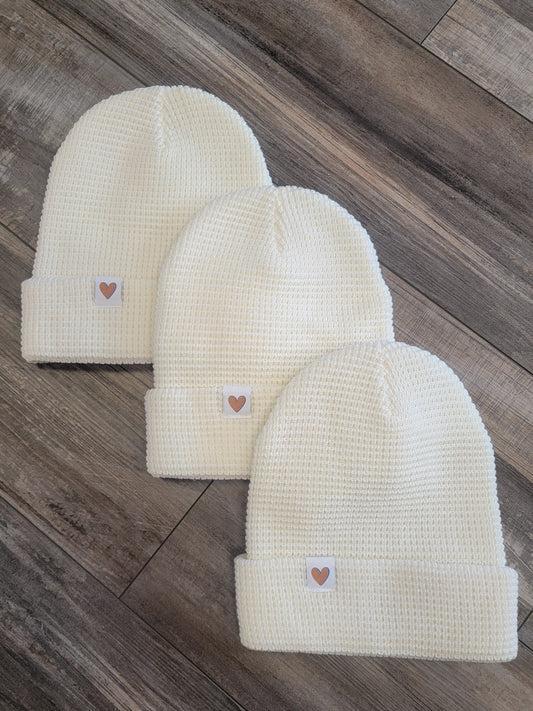 Cream Waffle Knit Heart Beanie