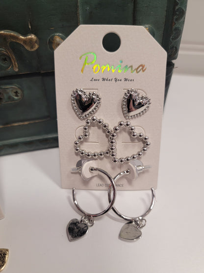 Set of 3 Heart Stud and Hoops