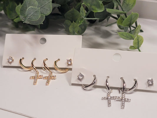 Set of 3 Cross and Stud Earrings