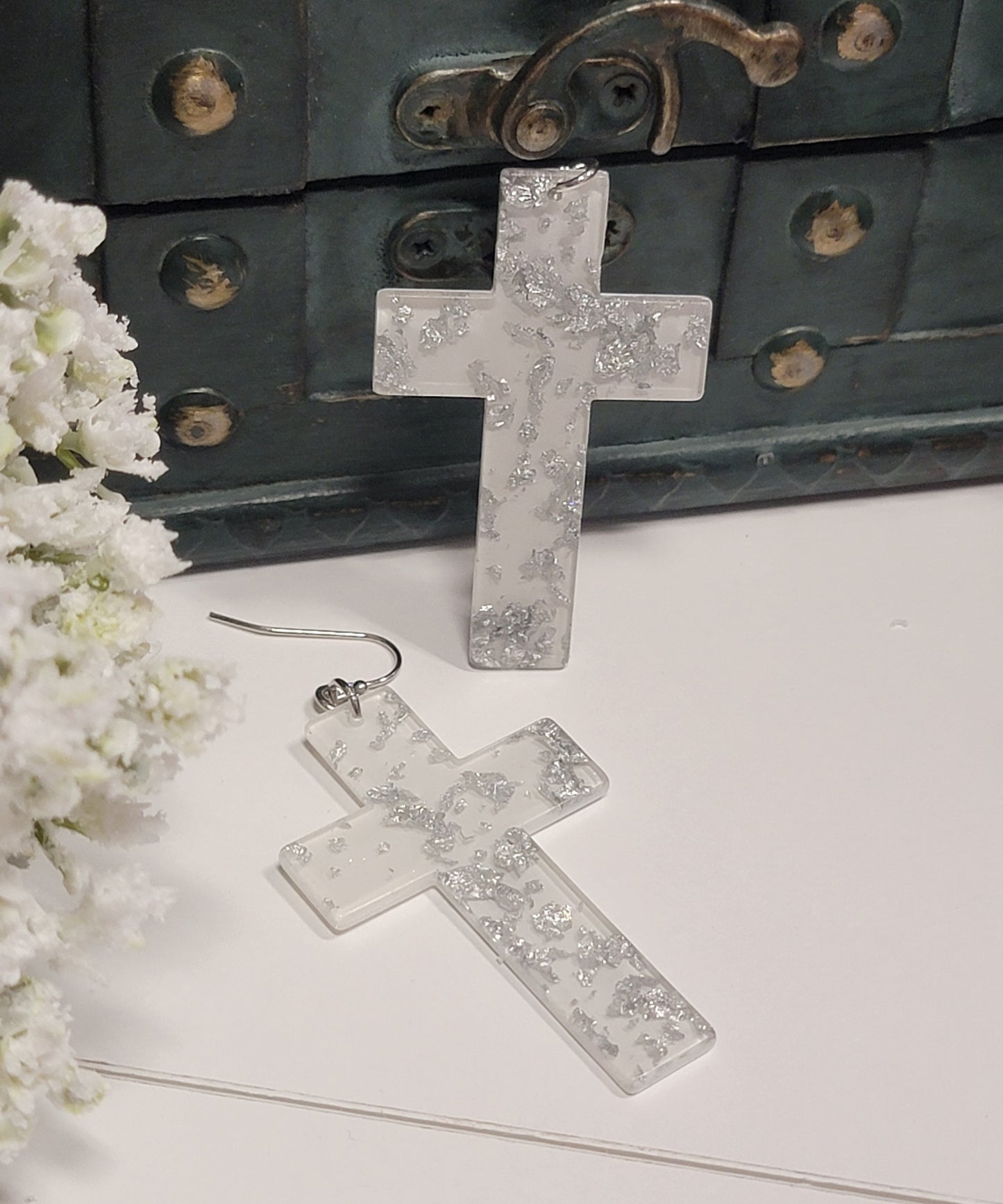 Acrylic Silver Flake Cross Earrings