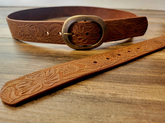 Tooled Floral Leather Belt