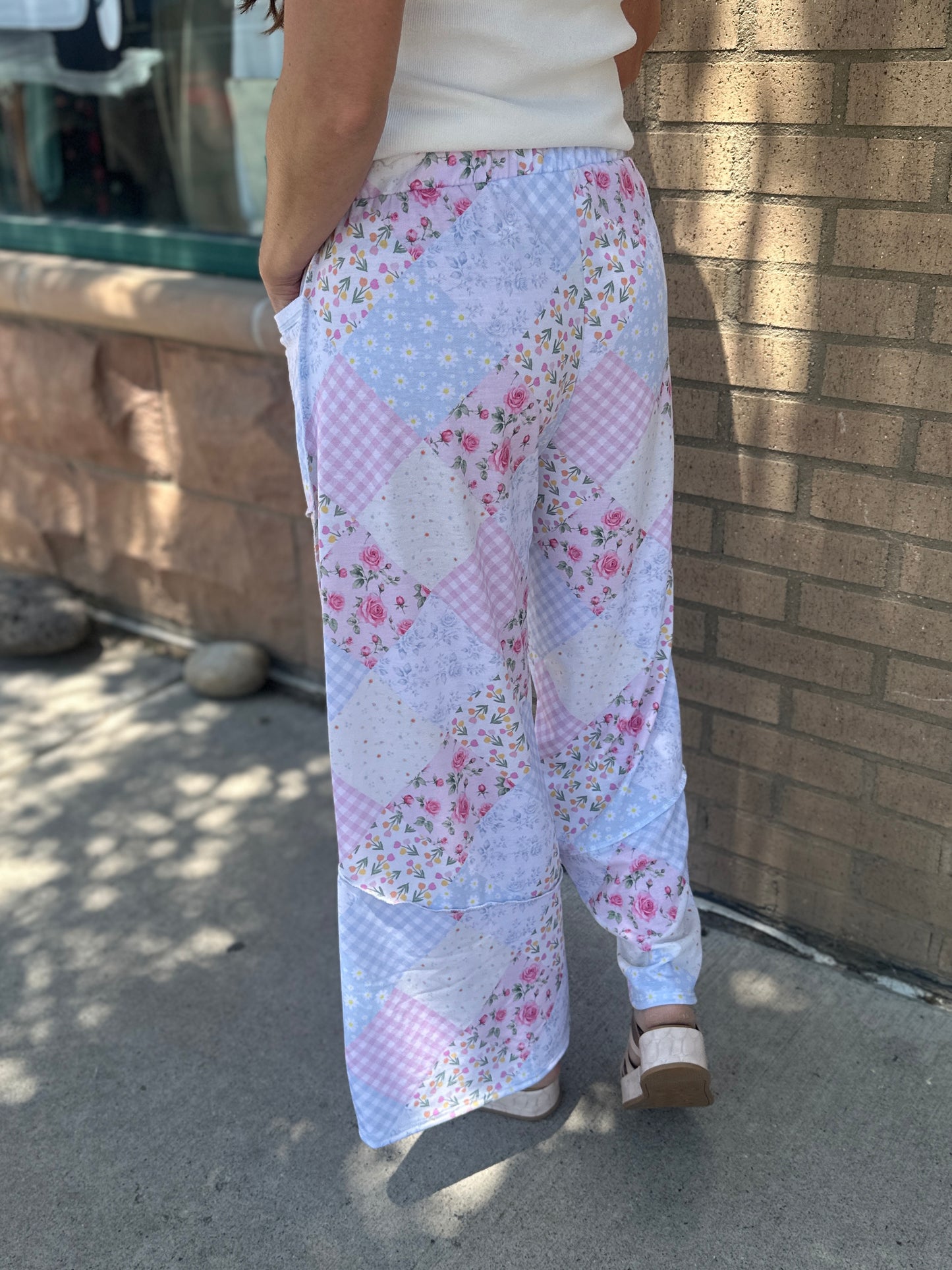 Floral Patchwork Reverse Stitch Wide Leg Pants