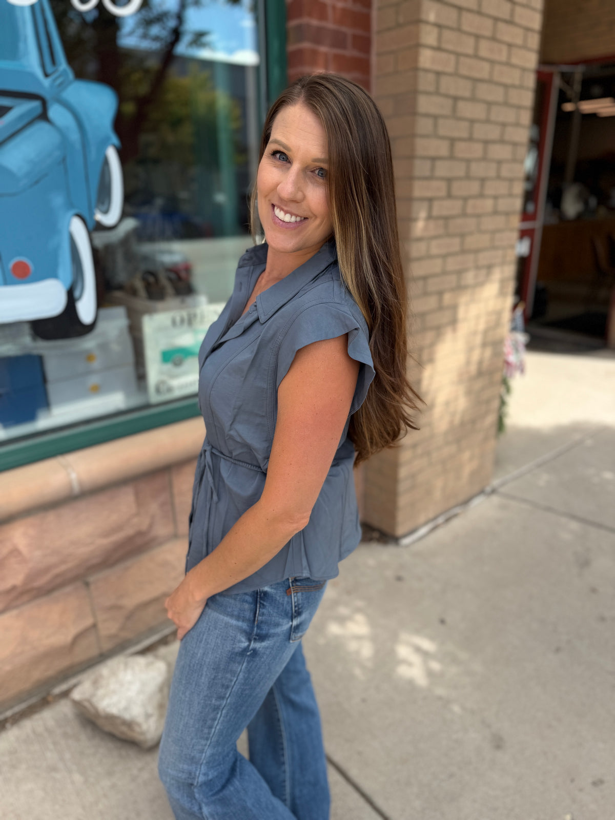 Button Down Cap Sleeve