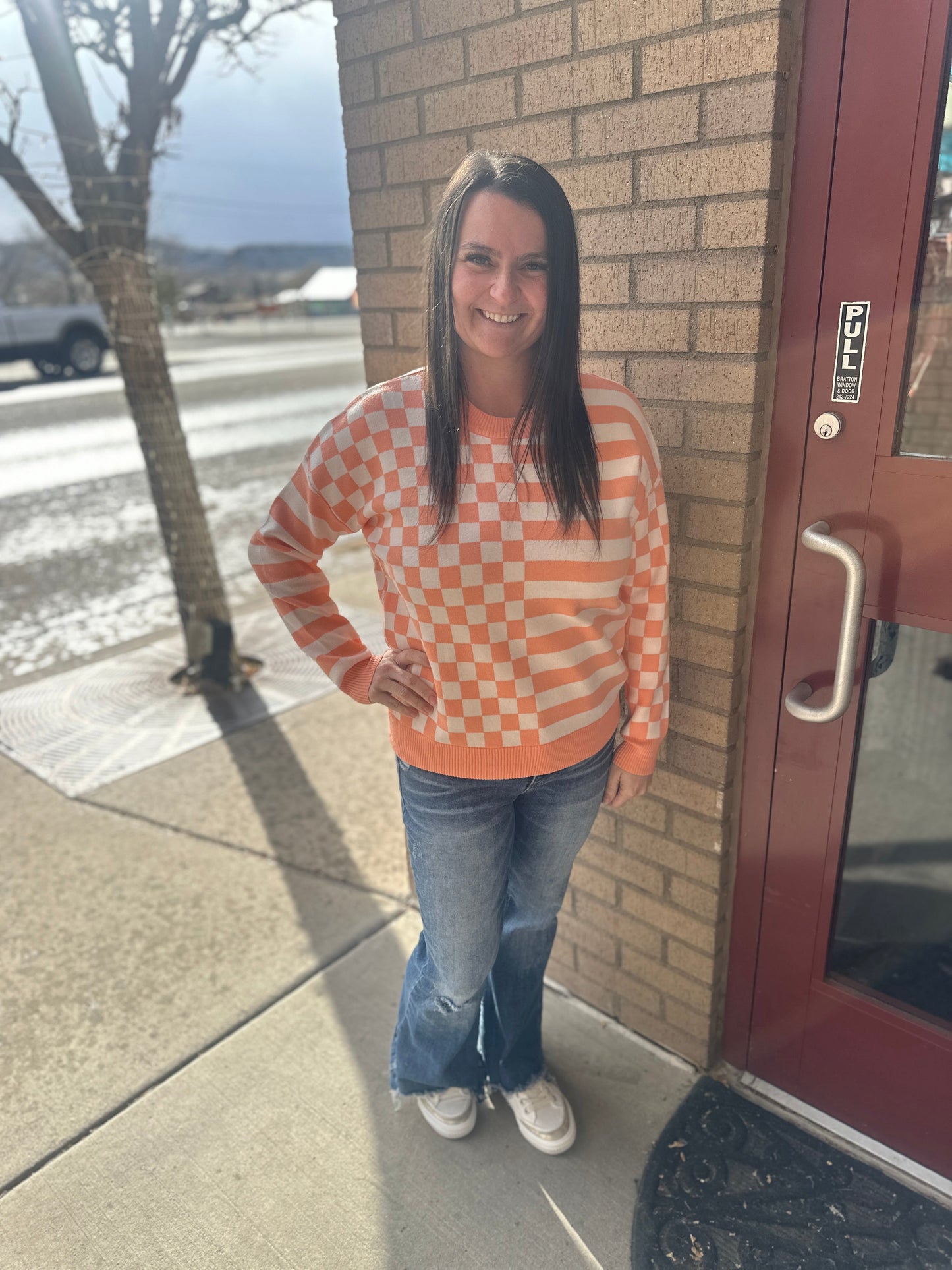 Mixed Coral Checkered Sweater