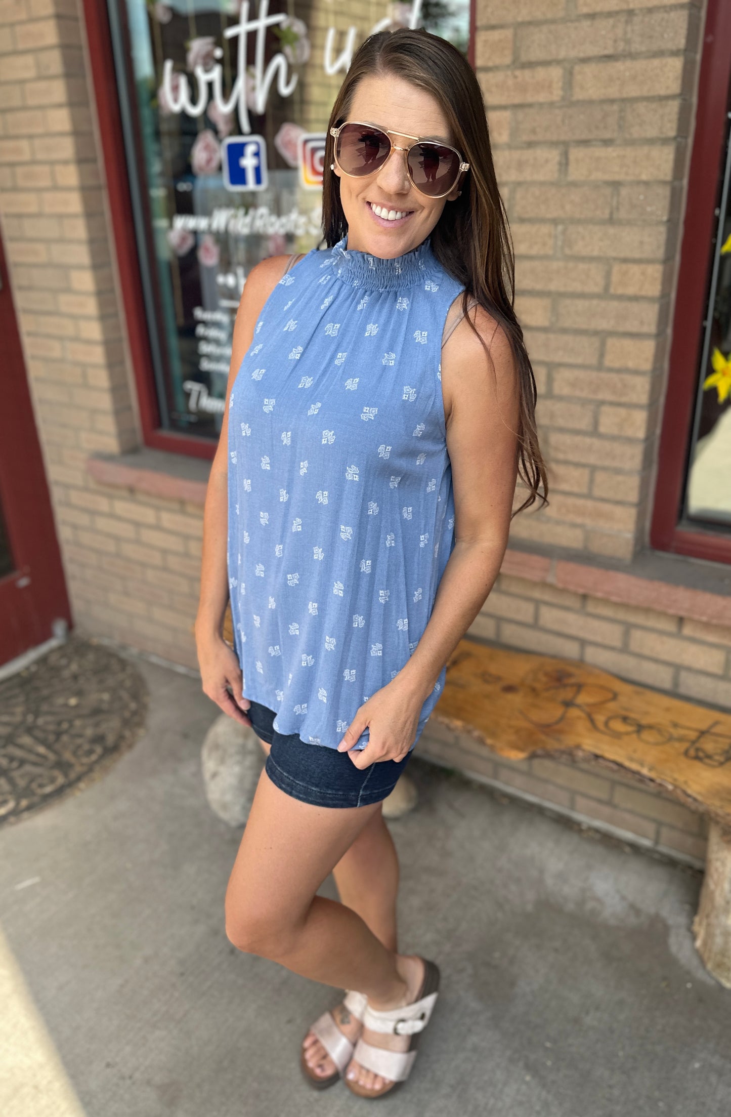 Blue Mock Neck Sleeveless Top